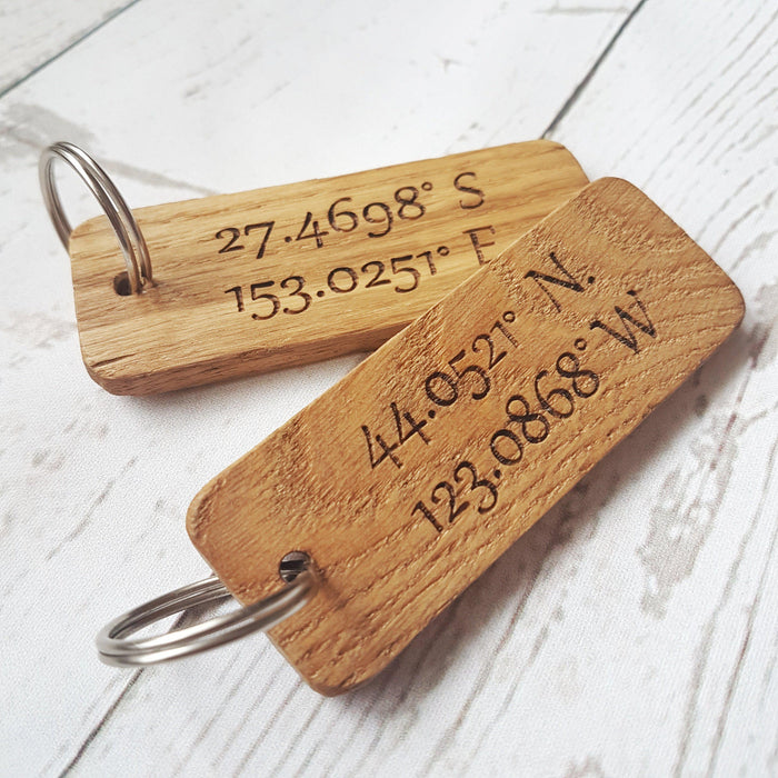Engraved Coordinates Keyring I Wooden Anniversary Gift