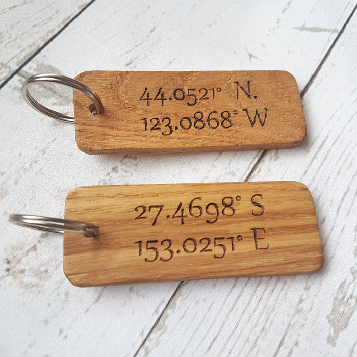 Engraved Coordinates Keyring I Wooden Anniversary Gift