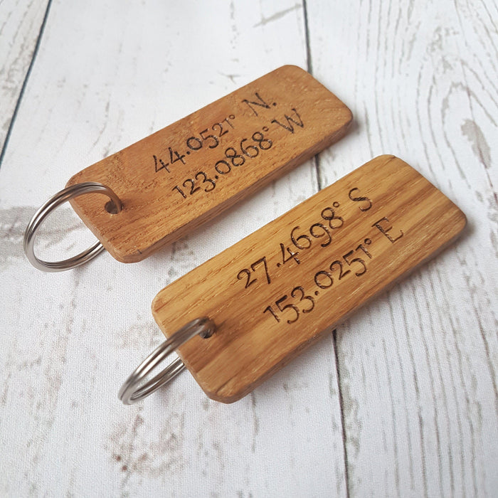 Engraved Coordinates Keyring I Wooden Anniversary Gift