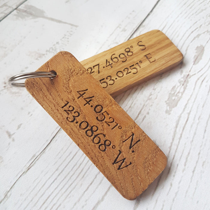 Engraved Coordinates Keyring I Wooden Anniversary Gift