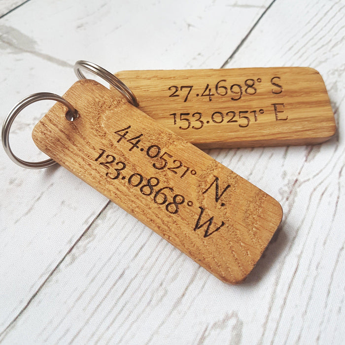 Engraved Coordinates Keyring I Wooden Anniversary Gift
