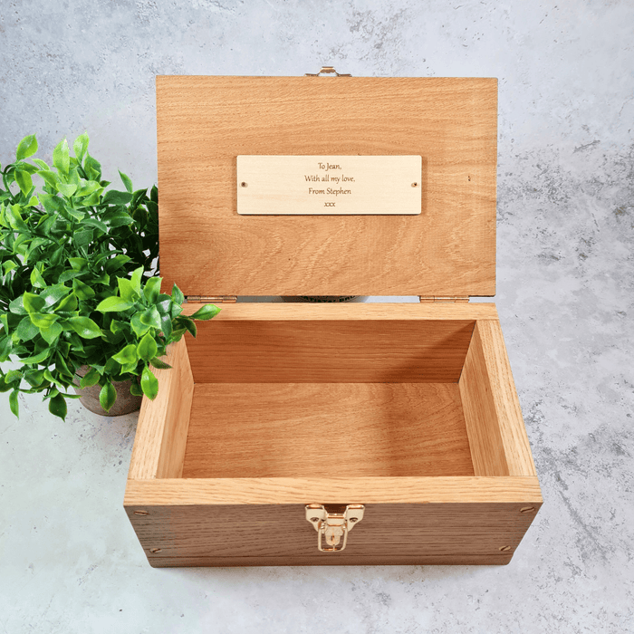 Engraved Memorial Keepsake Box - Solid Oak Personalised Memory Box