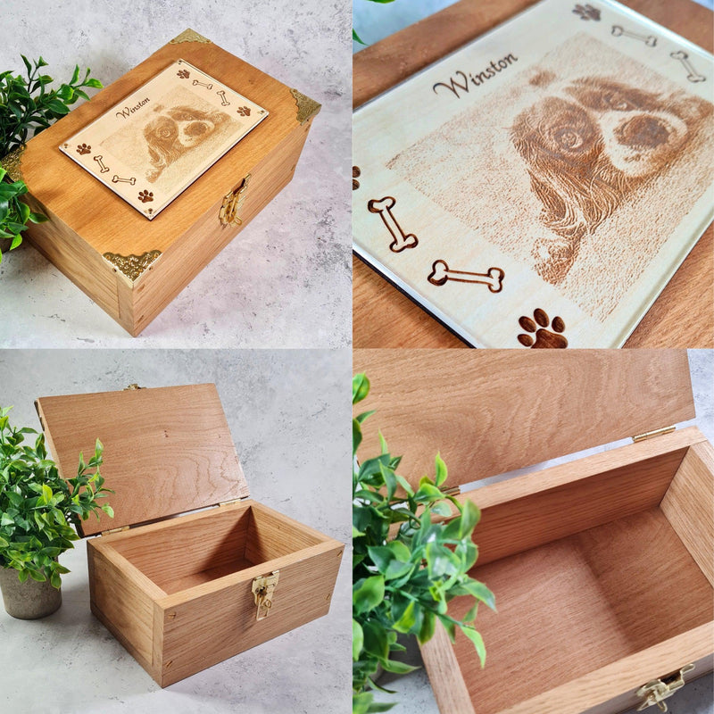 Engraved Pet Photo Keepsake Box - Solid Oak Pet Memory Box