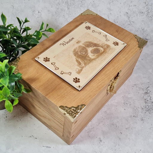 Engraved Pet Portrait Memorial Box I Oak Wood Dog Cat Keepsake Box I Animal Gift