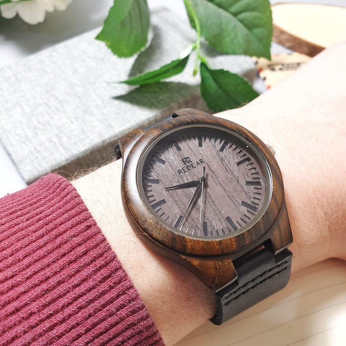 Engraved Wooden Watch With Leather Strap I Personalised Gift for Him