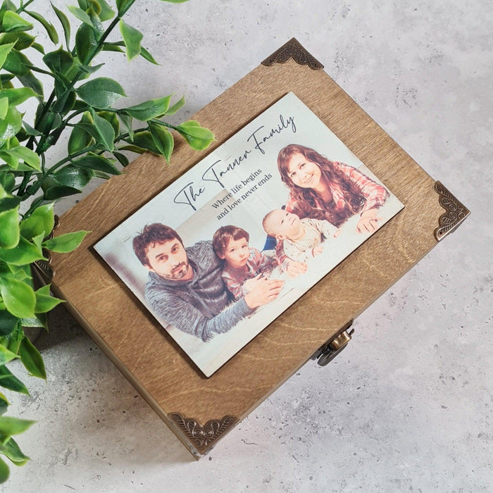 Family Photo Keepsake Box - Family Portrait Gift - Personalised Wooden Memory Box - Birthday Anniversary Gift
