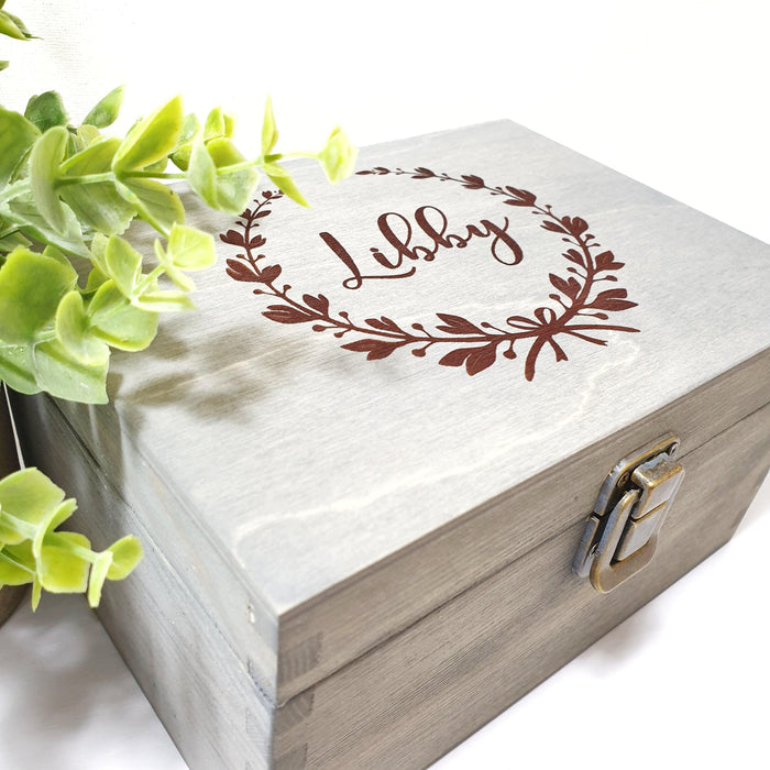 Flower Wreath Memory Box I Wooden Keepsake Box I Engraved Gift for Her