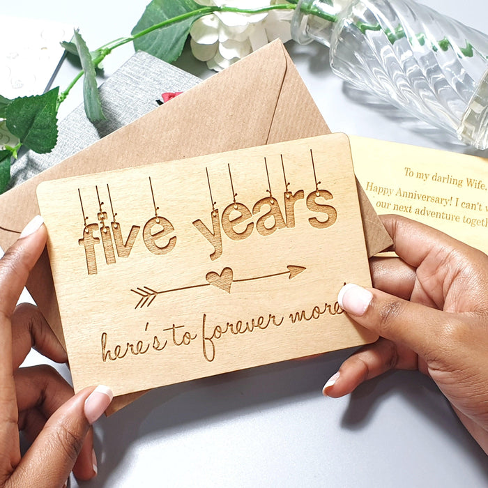 Personalised 5 Year Anniversary Wooden Card I Engraved 5th Wedding Anniversary Gift