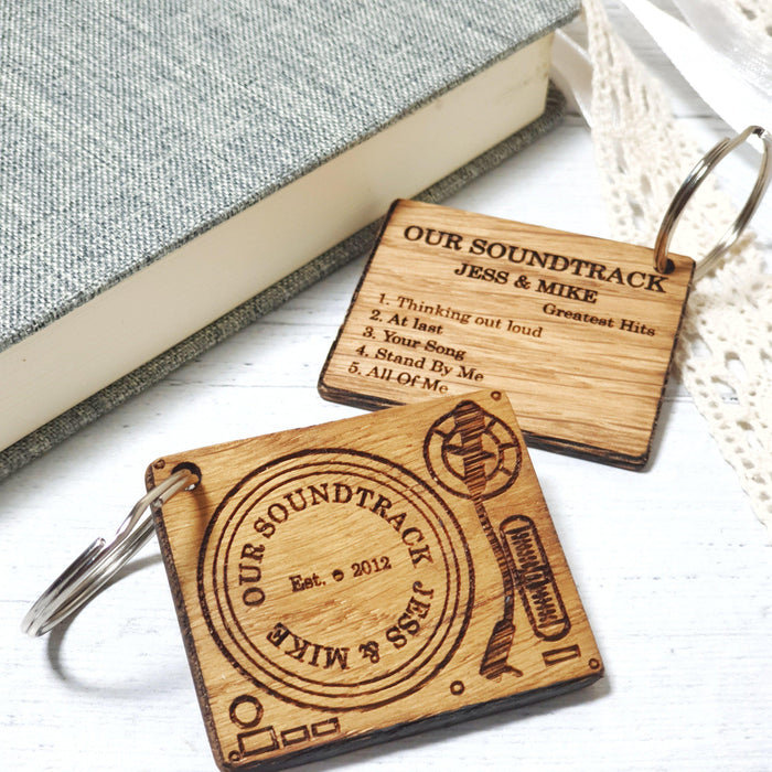 Personalised 5th Anniversary Wooden Keyring I Our Wedding Songs Couples Gift