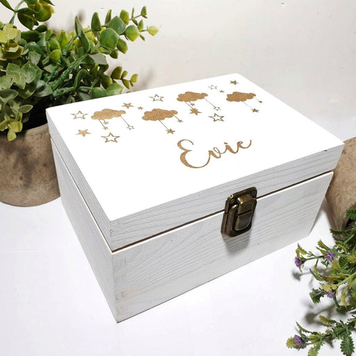 Personalised Baby Memory Box - Wooden Newborn Keepsake Box with Stars & Clouds - Christening & Baby Shower Gift | 6 Sizes Small to Extra Large