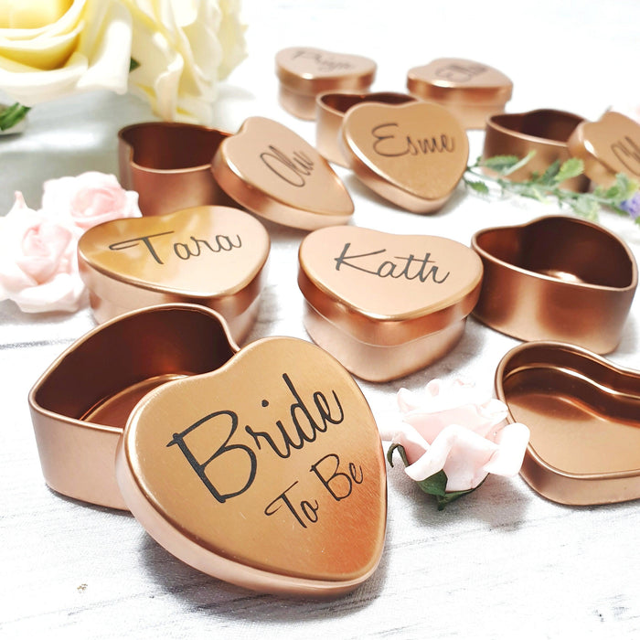 Personalised Bridesmaid Gift Box I Rose Gold Heart Favour I Wedding Guest Gift I Bridal Shower Jewellery Tin Box I Gift for Her