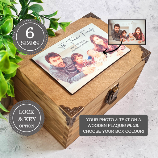 Personalised Family Photo Memory Box I Large Wooden Keepsake Box With Lock I Gift for Mum Dad Parents