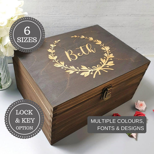 Personalised Floral Wreath Birthday Keepsake Box - Wooden Memory Box - Bereavement Box
