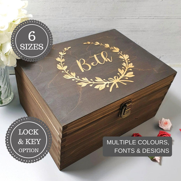 Personalised Floral Wreath Birthday Keepsake Box - Wooden Memory Box - Bereavement Box