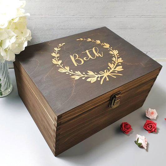 Personalised Floral Wreath Birthday Keepsake Box - Wooden Memory Box - Bereavement Box