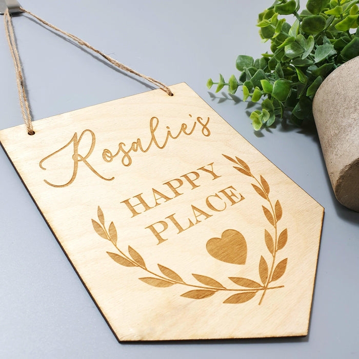 Personalised Happy Place Flag Sign I Wood Laurel Leaf Door Hanging I Well being Gift