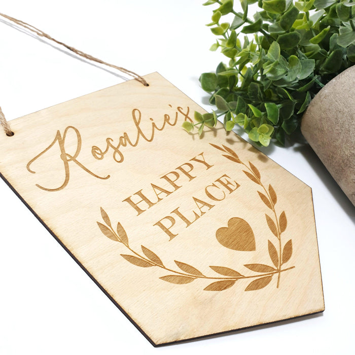 Personalised Happy Place Flag Sign I Wood Laurel Leaf Door Hanging I Well being Gift