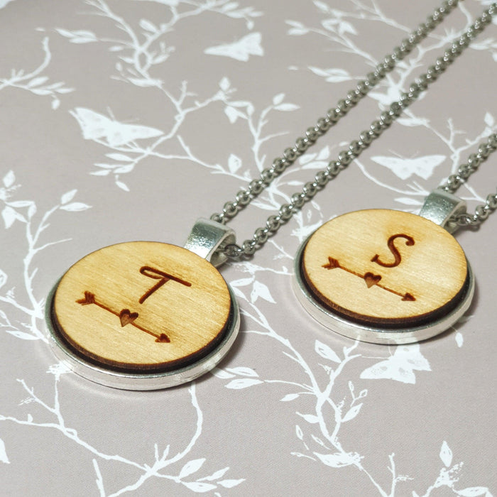 Personalised Initial Love Heart Arrow Necklace I Wooden Anniversary Gift