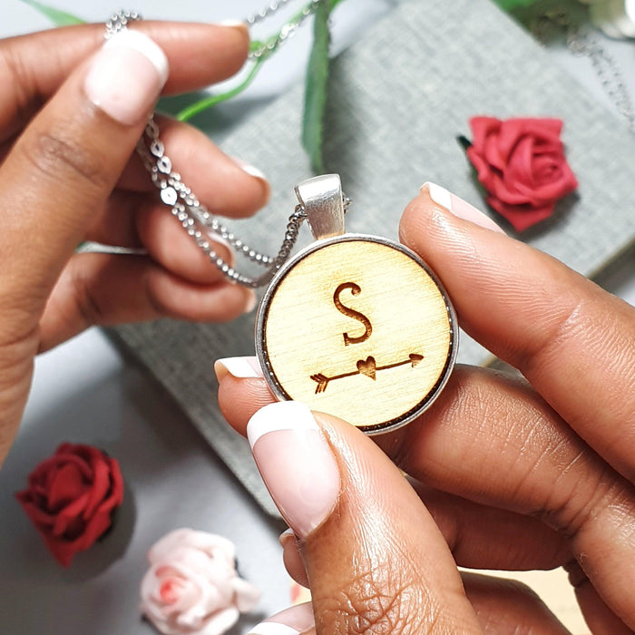 Personalised Initial Love Heart Arrow Necklace I Wooden Anniversary Gift