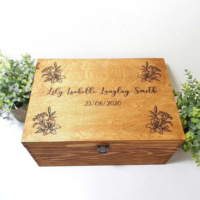 Personalised Lily Flower Baby Keepsake Box I Wooden Memory Box I Gift Idea - 6 Sizes Small to XLarge