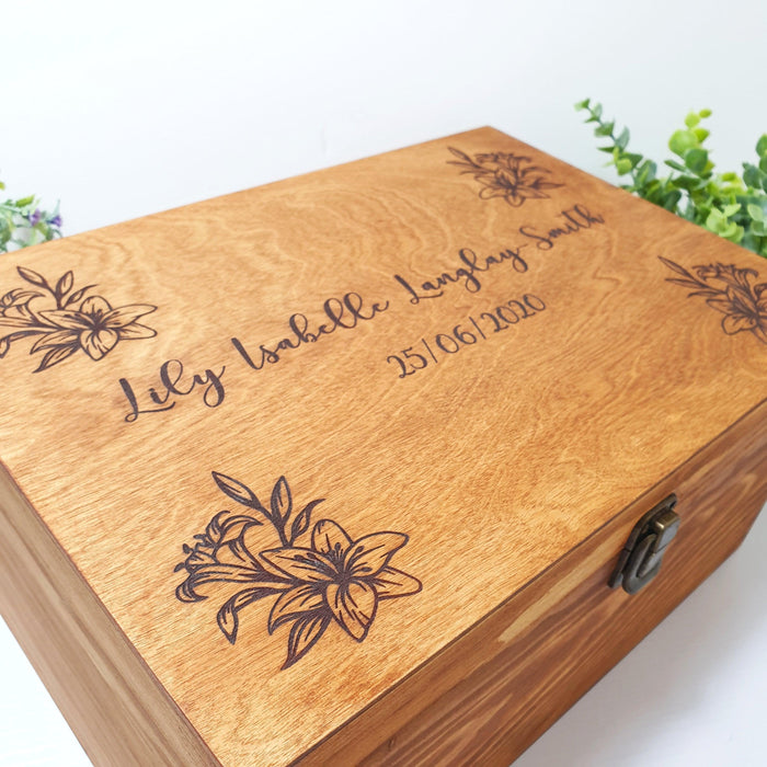 Personalised Lily Flower Baby Keepsake Box I Wooden Memory Box I Gift Idea - 6 Sizes Small to XLarge