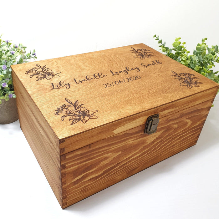 Personalised Lily Flower Baby Keepsake Box I Wooden Memory Box I Gift Idea - 6 Sizes Small to XLarge