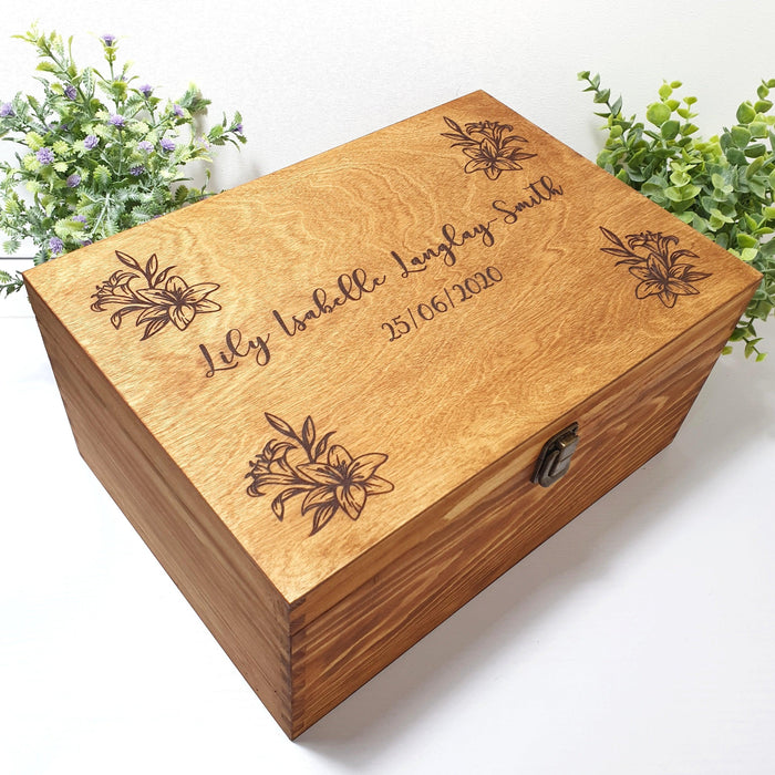 Personalised Lily Flower Baby Keepsake Box I Wooden Memory Box I Gift Idea - 6 Sizes Small to XLarge