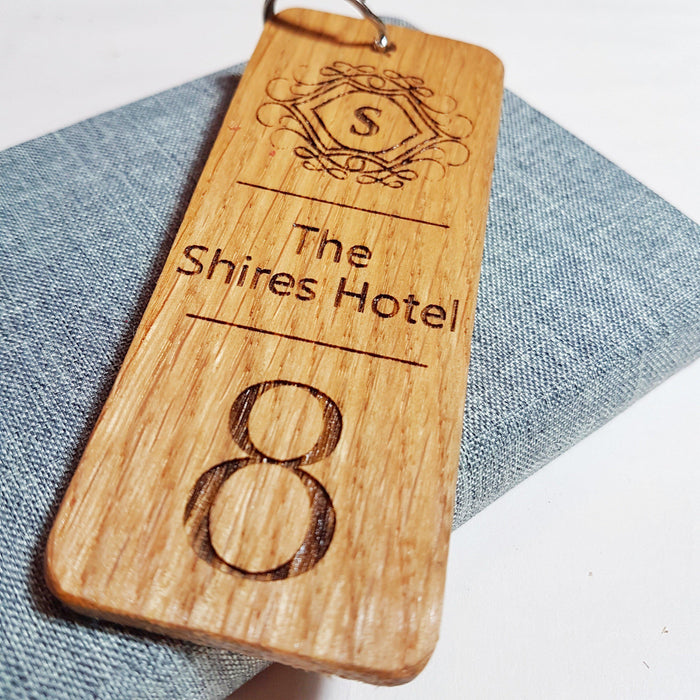 Personalised Logo Number Keyring I Custom Engraved Oak Wood Keyring I Hotel Business Keychain I
