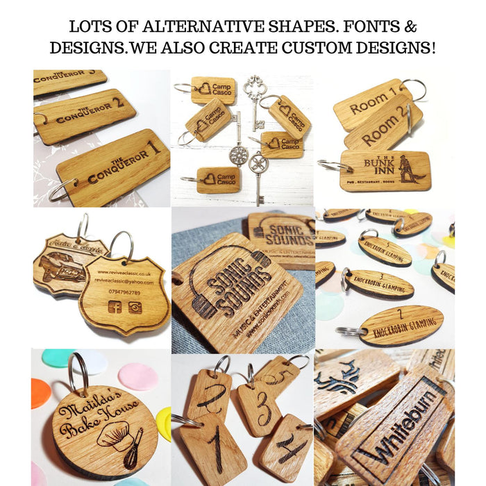 Personalised Logo Number Keyring I Custom Engraved Oak Wood Keyring I Hotel Business Keychain I