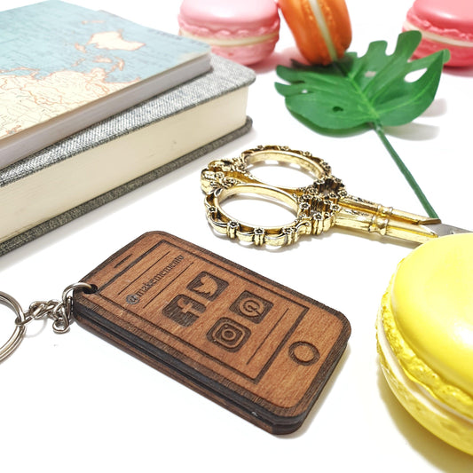Personalised Mobile Phone Keyring I Social Media Promotional Keyring I Wooden Social Handle Keychain