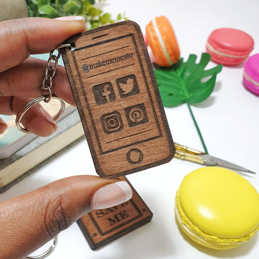 Personalised Mobile Phone Keyring I Social Media Promotional Keyring I Wooden Social Handle Keychain