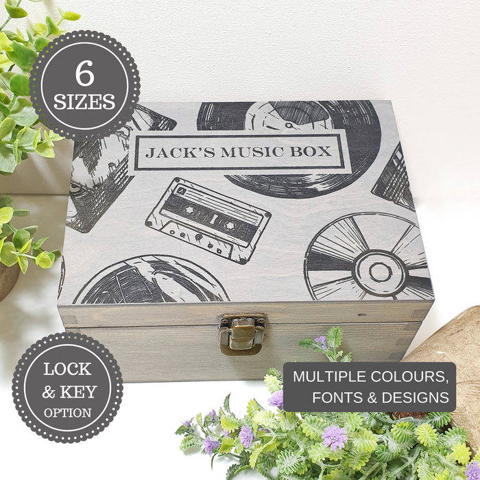 Personalised Music Keepsake Box I Wooden Memory Box I Retro Musician Gift