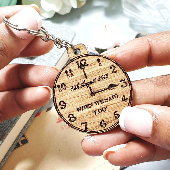 Personalised Wedding Time Date Keyring I Wood 5th Anniversary Gift