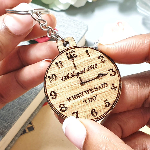 Personalised Wedding Time Date Keyring I Wood 5th Anniversary Gift