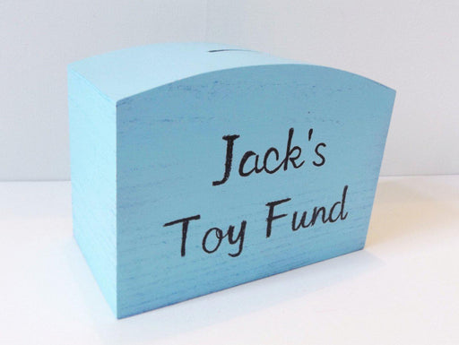 Personalised baby blue wooden money box