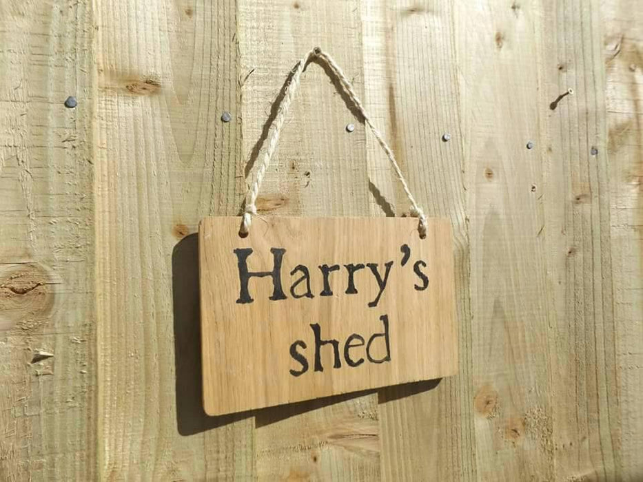 Personalised oak wood shed sign