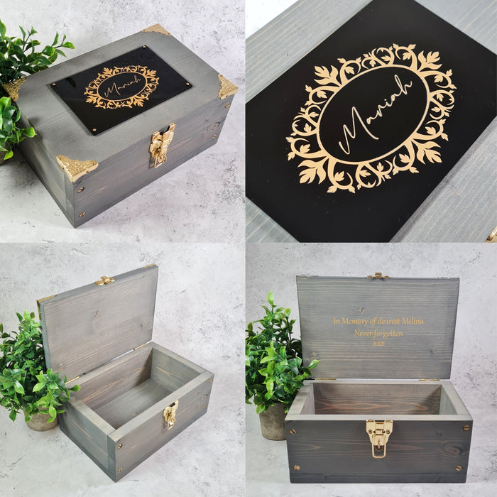 Wooden Memory Box - Personalised Name Floral Keepsake Box - Large Box